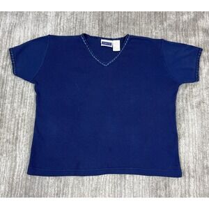Erika & Co T-Shirt Womens Large Navy Blue Ribbed V-Neck Crochet Trim Casual Top